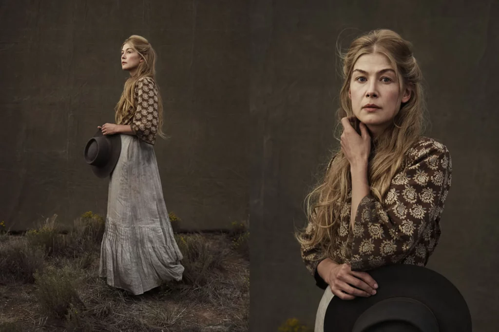 Rosamund Pike photographiée sur le tournage du film HOSTILES au Nouveau Mexique. © Joey L.